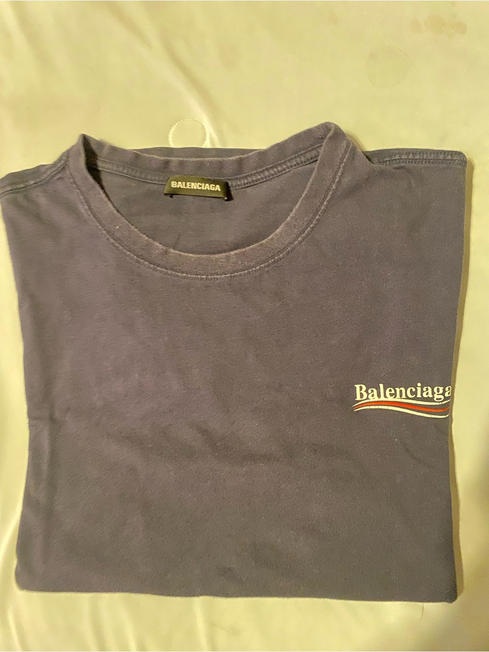 Balenciaga Men’s Short Sleeve Logo Tee — Navy with Red & White Accent